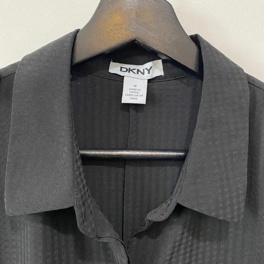 DKNY M Sheer Checkered Flowy Black Blouse with Collar Androgynous Sporty